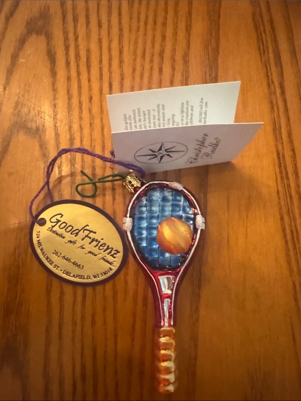 Christopher Radko Red Tennis Racket Ornament with Blue Net and Orange Ball